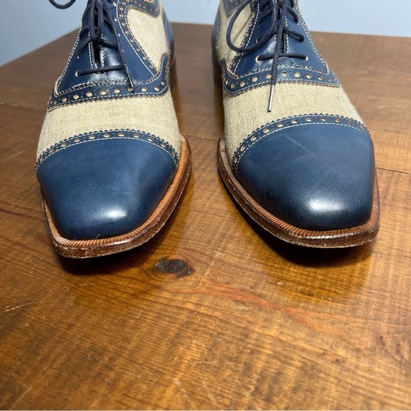 Romano Martegani for Francos handmade brogue oxford blue leather cream linen 9.5 - Picture 4 of 15